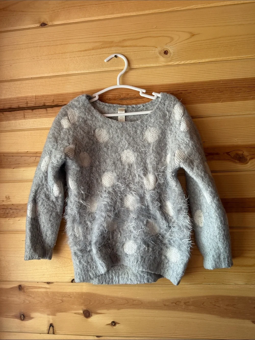 Cherokee Gray Fuzzy Sweater with White Polka Dots